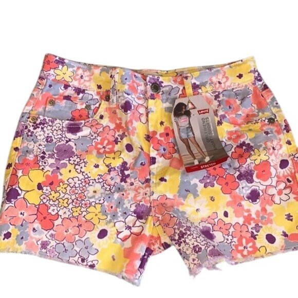 Levis Girls Girlfriend Short Floral Stretch Denim Shorts 14 Regular Multicolor - Picture 1 of 7